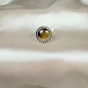 Tiger’s Eye Silver Ring Round Natural Gemstone Beaded Border Jewelry Size 6.5